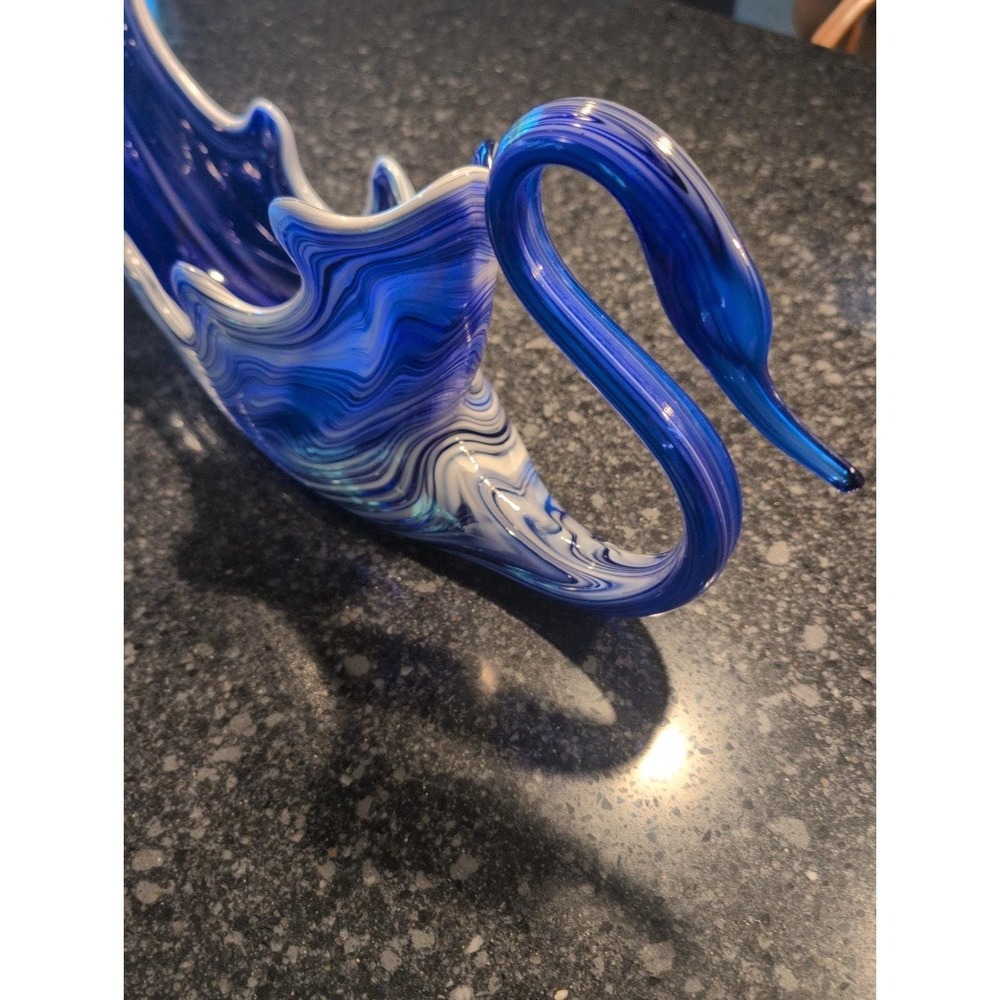 Vtg XL Cobalt Blue White Swril Art Glass Swan Bowl/ 19 x 8 x 5 Long - Picture 5 of 8